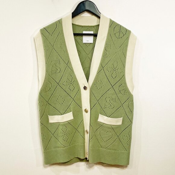 New Sandro Espoir 100% Wool Perforated Logo Sweater Vest Green Ecru Small $340 - Picture 3 of 9
